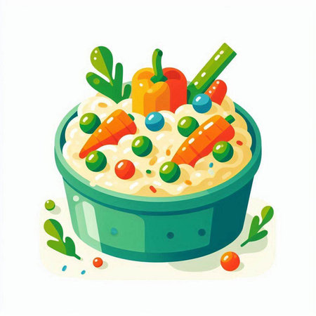 Vector illustration of a bowl of porridge with vegetables and greens.のイラスト素材