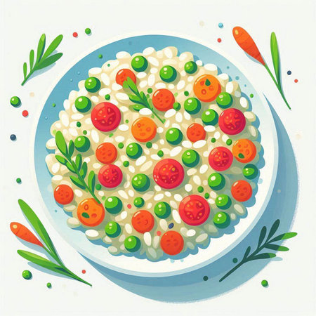 Risotto with green peas and cherry tomatoes. Vector illustration.のイラスト素材