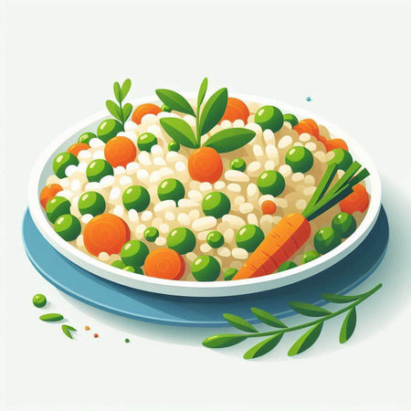 Illustration of a bowl of risotto with carrots and green peasのイラスト素材