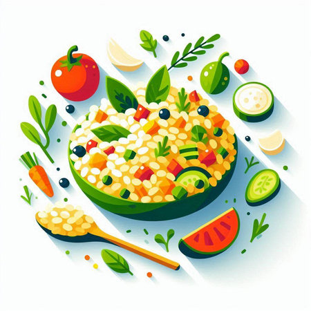 Vector illustration of a healthy breakfast. Rice porridge with vegetables.のイラスト素材