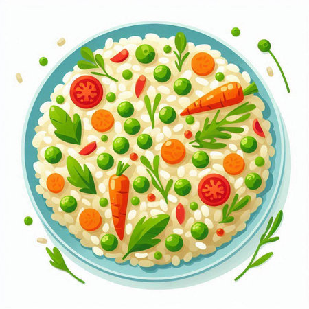 Rice with carrot, peas and parsley. Vector illustration.のイラスト素材