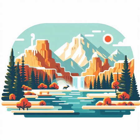 Landscape of mountains, forest and lake. Vector illustration in flat styleのイラスト素材