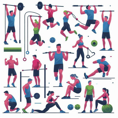 Set of people doing sport exercises. Flat vector illustration isolated on white background.のイラスト素材