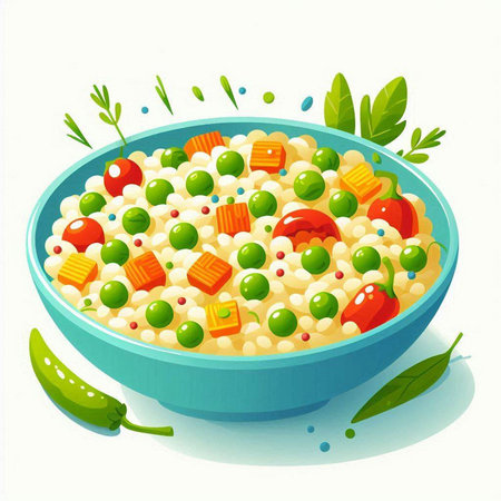 Illustration of a bowl of porridge with green peas and carrotsのイラスト素材