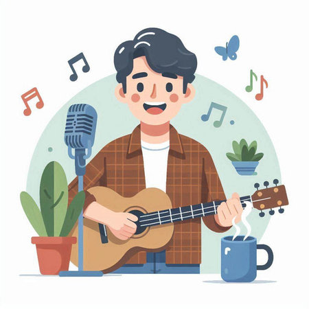 Man playing guitar, singing and playing music. Flat style vector illustration.のイラスト素材