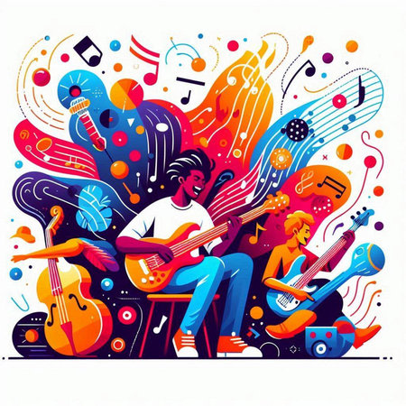 Musical instruments. Musician playing on guitar. Vector illustration.のイラスト素材