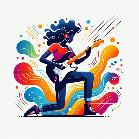 Vector illustration of a girl playing the electric guitar with colorful abstract backgroundのイラスト素材