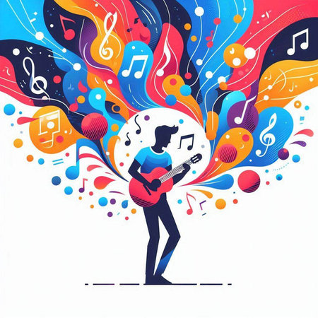 Vector illustration of girl playing guitar on colorful background with musical notes.のイラスト素材