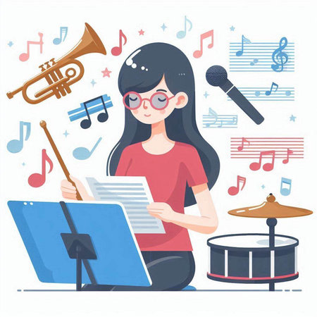 Girl playing music on the background of musical instruments. Vector illustration.のイラスト素材