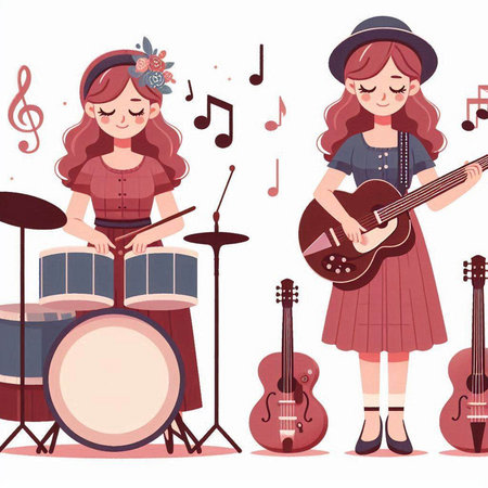 Musician girl with guitar and drum set. Vector illustration in cartoon styleのイラスト素材