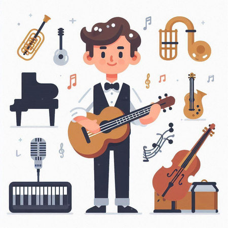 Musical instruments. Vector illustration in flat style. Man playing guitar, piano, trumpet, violin, saxophone.のイラスト素材