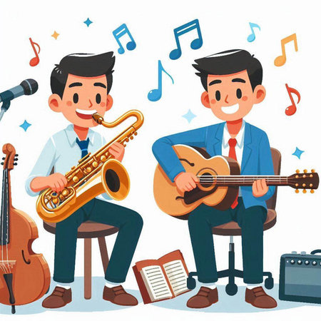 Musicians playing musical instruments. Vector illustration in flat cartoon style.のイラスト素材