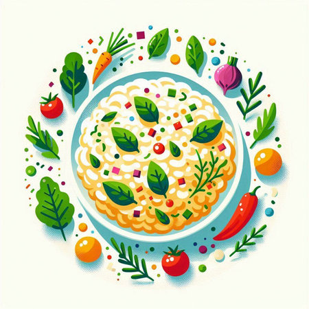 Risotto with vegetables and herbs in flat style. Vector illustration.のイラスト素材