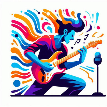 Guitar player with musical notes. Vector illustration in flat styleのイラスト素材
