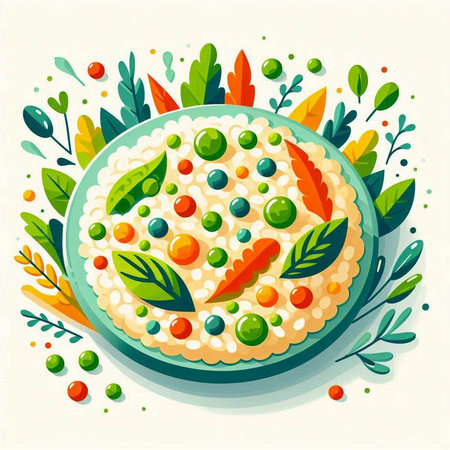 Risotto with vegetables and greens. Vector illustration in flat styleのイラスト素材