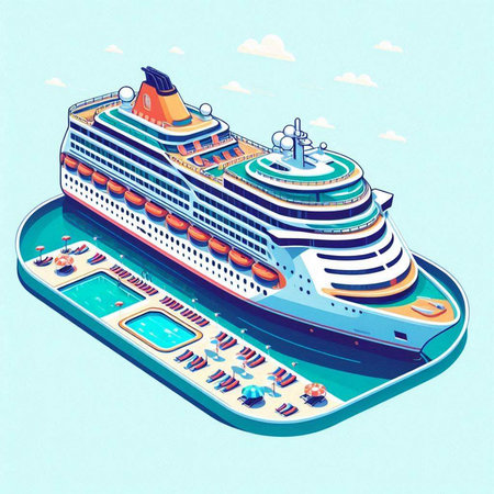 Cruise ship isometric view on blue sky background. Vector illustrationのイラスト素材