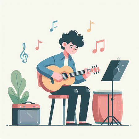 Musician playing the guitar. Vector illustration in flat cartoon style.のイラスト素材