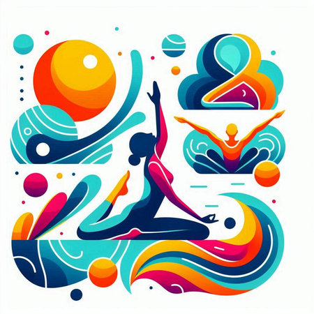 Vector illustration of yoga pose with colorful abstract background. Yoga concept.のイラスト素材