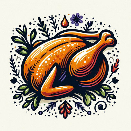 Illustration of a roasted turkey with floral ornament. Vector illustration.のイラスト素材