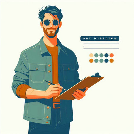 Hipster man writing on clipboard. Vector illustration in flat styleのイラスト素材
