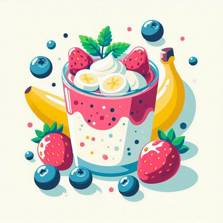 Chia pudding with strawberry, blueberry and banana. Vector illustration.のイラスト素材
