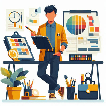 Vector illustration of a man standing in front of a table full of office supplies.のイラスト素材