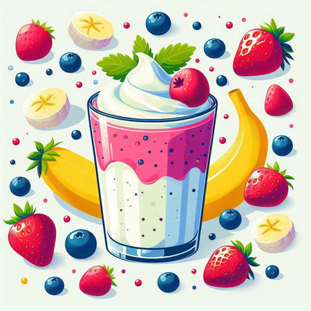 Vector illustration of a smoothie with strawberries, blueberries and bananaのイラスト素材