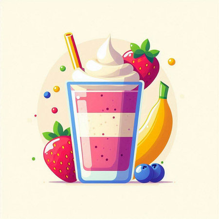 Milkshake with strawberry, banana and whipped cream. Vector illustration.のイラスト素材