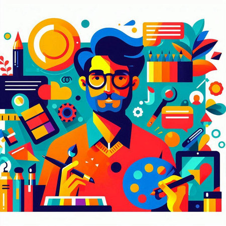 Vector colorful illustration of a painter in flat design style with various tools.のイラスト素材