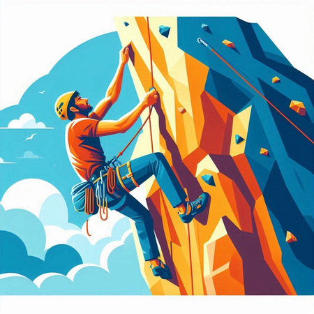 Rock climber on the climbing wall. Vector illustration in retro style.のイラスト素材