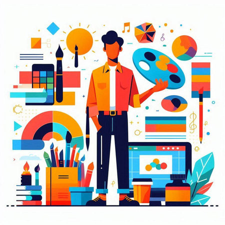 Artist man with palette and palette of colors. Flat design vector illustration.のイラスト素材