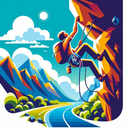 climber on the road in the mountains. vector illustration.のイラスト素材