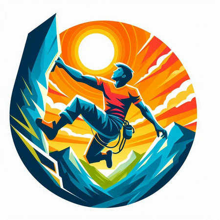 Illustration of a man climbing a wall in the sun, viewed from the side set inside circle done in retro style.のイラスト素材
