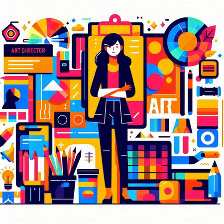 Vector illustration of a businesswoman standing in front of a large set of office objects. Modern flat style designのイラスト素材