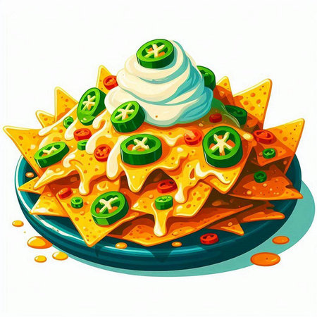 Illustration of a plate of nachos with melted cheese and vegetablesのイラスト素材