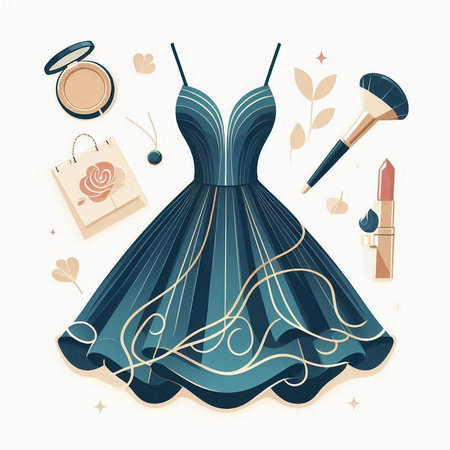 Vector illustration of a beautiful woman's dress with accessories and cosmetics.のイラスト素材