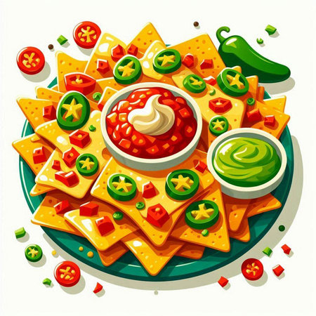 Nachos with salsa, guacamole and cheese. Vector illustration.のイラスト素材
