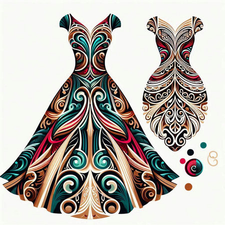 Wedding dress design. Hand drawn illustration with abstract ornament.のイラスト素材