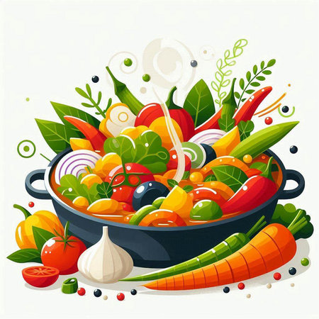 Vegetable salad in a frying pan. Vector illustration on white background.のイラスト素材