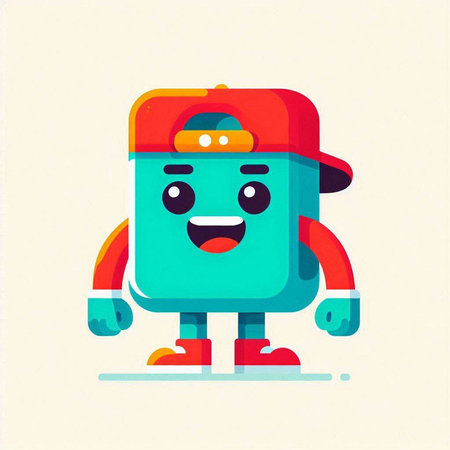 Cute cartoon robot with a red cap. Vector illustration in flat style.のイラスト素材