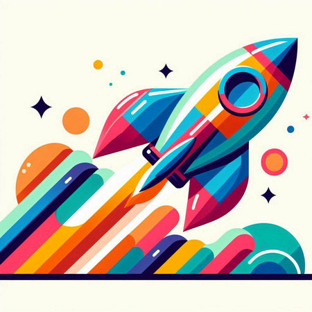 Retro rocket on colorful background. Vector illustration in flat style.のイラスト素材