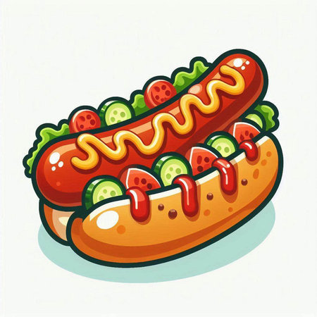 Hot dog with sausage, ketchup, mustard and lettuce. Vector illustration.のイラスト素材