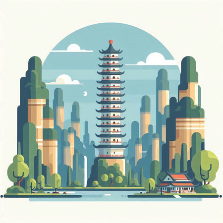 Chinese pagoda in the city. Vector illustration in flat style.のイラスト素材