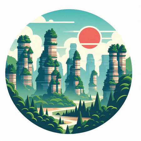 Mountain landscape with forest, river and sunset. Vector illustration.のイラスト素材