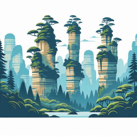 Fantasy landscape with mountains, river and pine trees. Vector illustration.のイラスト素材