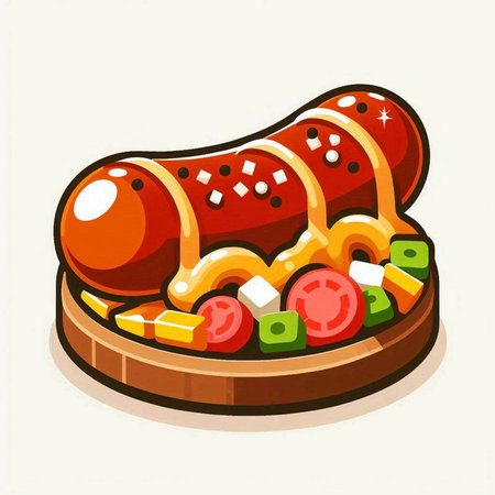 Sausage with vegetables on a wooden board. Vector illustration.のイラスト素材