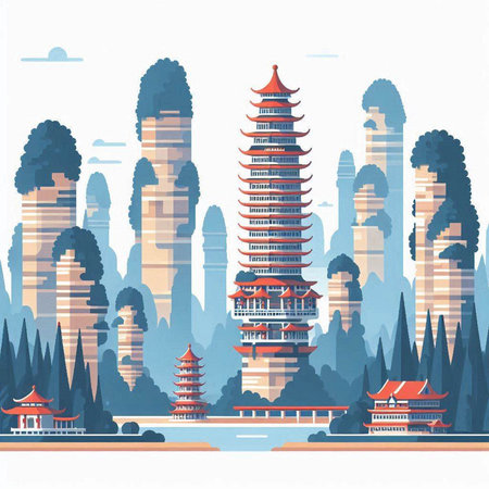 Landscape of China. Landmarks in flat style. Vector illustration.のイラスト素材