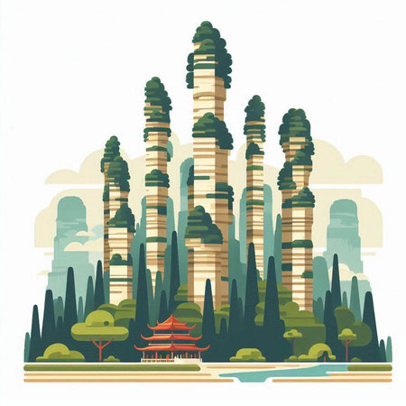Landscape of the pagoda in Hong Kong, China. Vector illustrationのイラスト素材