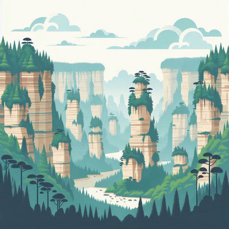 Landscape with mountains and river. Vector illustration in retro style.のイラスト素材