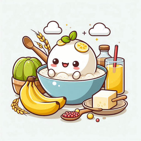Illustration of a bowl of rice porridge with banana and milkのイラスト素材